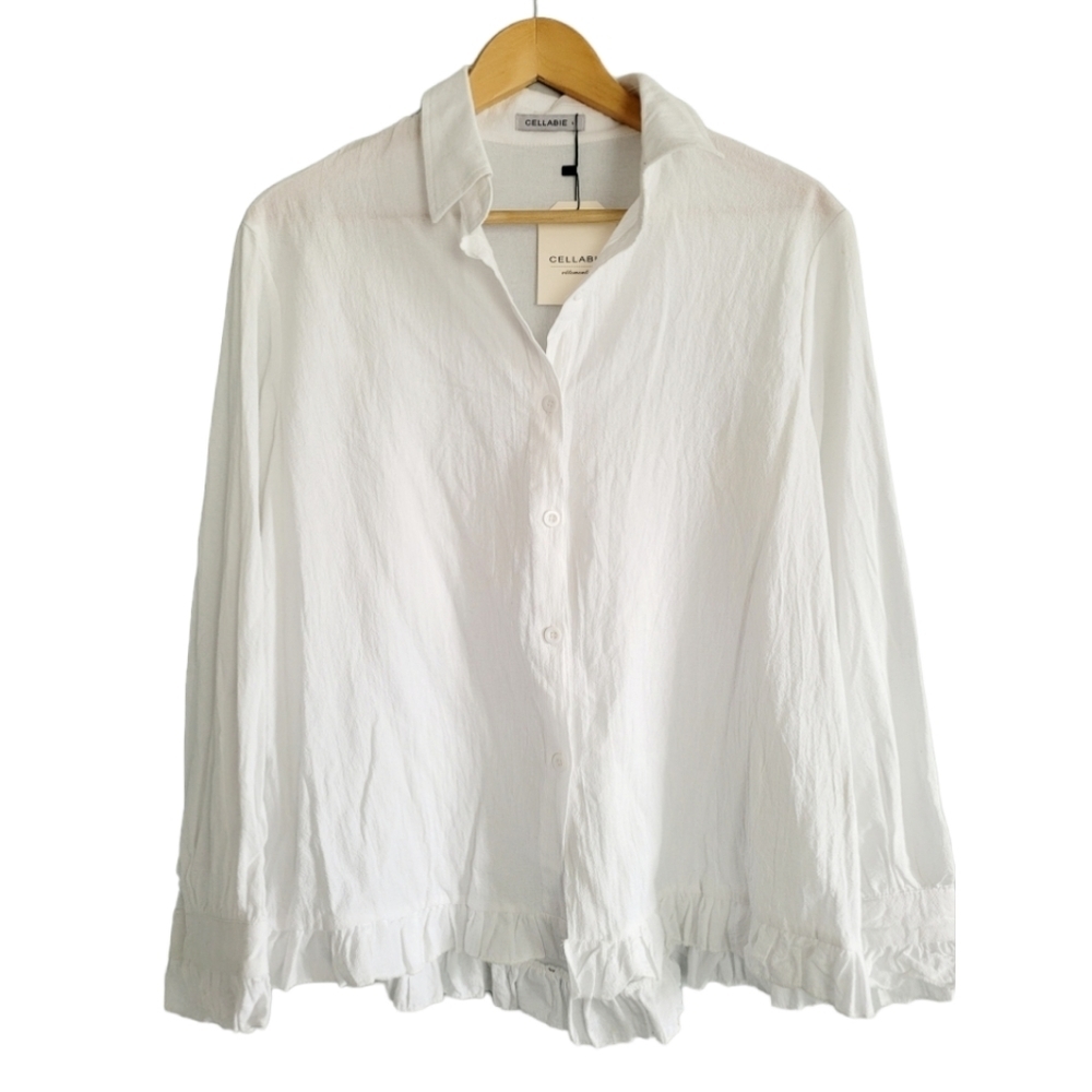Cellabie White Button Front Blouse Size Large New with Tags High/Low